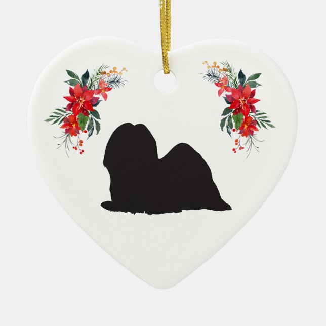 Ornamento De Cerâmica Lhasa Apso Silhouette com Nome Poinsettia (Frente)