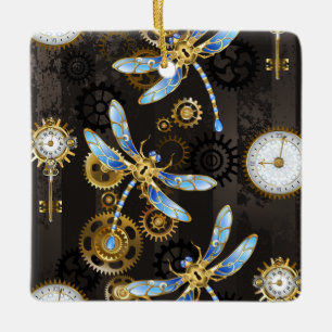 Ornamento De Cerâmica Libélulas Steampunk em fundo listrado marrom