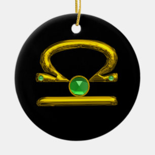 Ornamento De Cerâmica LIBRA ZODIAC ANIVERSÁRIO JEWEL GREEN EMERALD Dour
