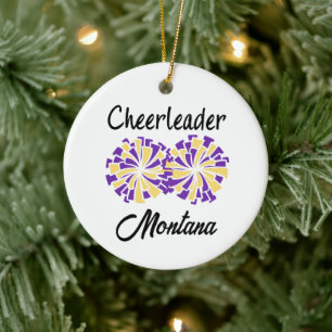 Ornamento De Cerâmica Líder de torcida com Pompoms Roxo e Amarelo/Dourad