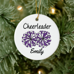 Ornamento De Cerâmica Líder de torcida com Pompoms Roxo e Branco