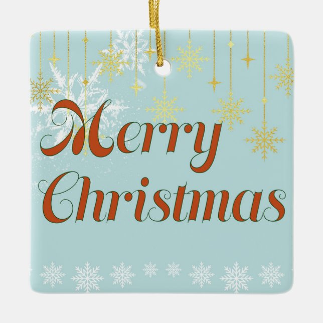 Ornamento De Cerâmica Light blue and Gold Merry Christmas  (Frente)