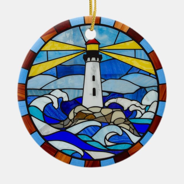 Ornamento De Cerâmica Lighthouse Stained Glass Design (Frente)