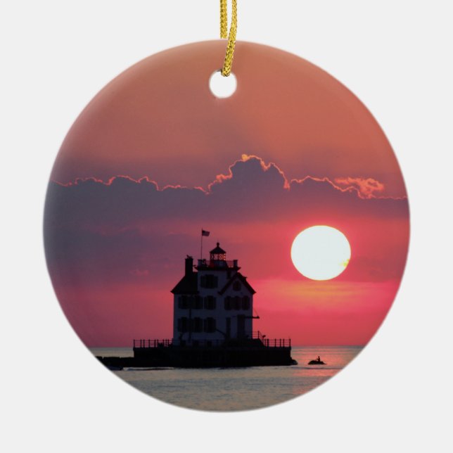 Ornamento De Cerâmica Lighthouse Sunset Scense (Frente)