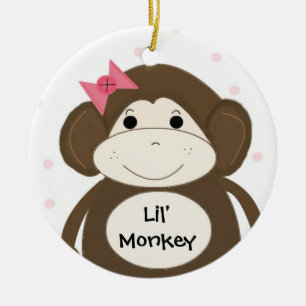Ornamento De Cerâmica Lil' Monkey com Laço de Cabelo Rosa