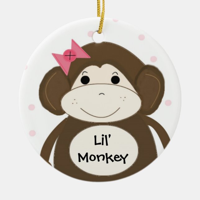 Ornamento De Cerâmica Lil' Monkey com Laço de Cabelo Rosa (Frente)