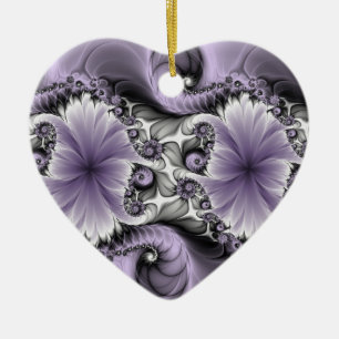 Ornamento De Cerâmica Lilac Illusion Abstrato Floral Fractal Art Heart