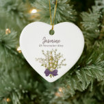 Ornamento De Cerâmica Lily Of The Valley Buquê with Purple Arco<br><div class="desc">Lily do vale com arco roxo personalize nome e data</div>