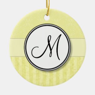 Ornamento De Cerâmica Limon Cream Damask com Stripes e Monograma