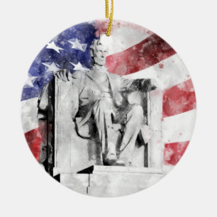 Ornamento De Cerâmica Lincoln Memorial watercolor com bandeira americana