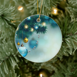 Ornamento De Cerâmica Linda árvore de pinheiro com bola azul de Natal