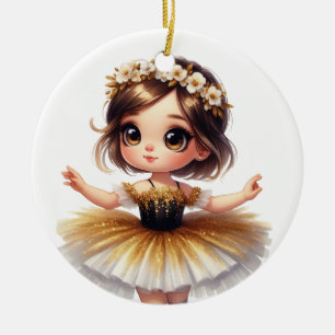 ORNAMENTO DE CERÂMICA LINDA BAILARINA DE TUTU PRETO E DOURADO