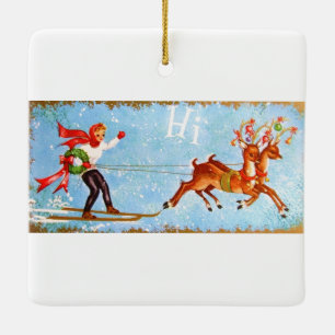 Ornamento De Cerâmica Linda Meio século Vintage Reindeer & Girl