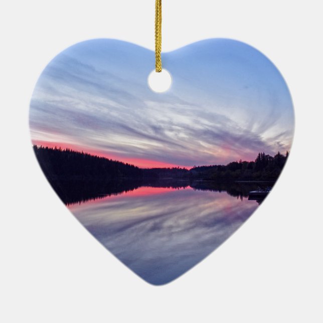 Ornamento De Cerâmica Linda natureza do sol sobre a foto do lago (Verso)