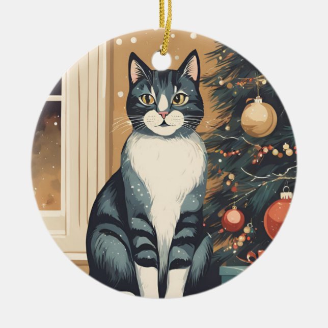 Ornamento De Cerâmica Linda Ornação de Gato de Natal (Frente)