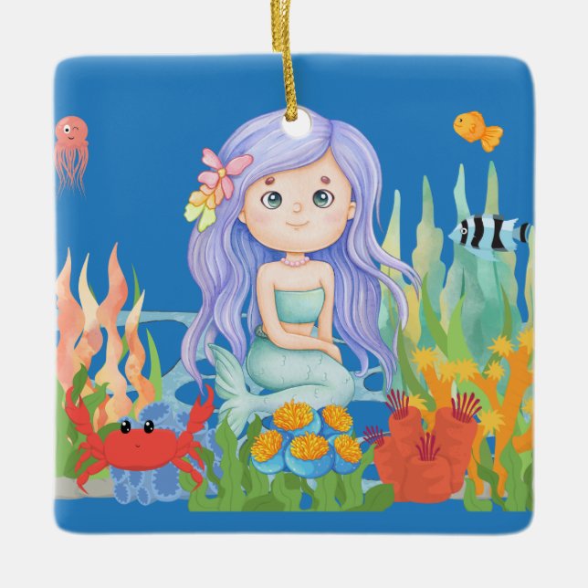 Ornamento De Cerâmica Linda sereia Penteada brincando no mar (Frente)