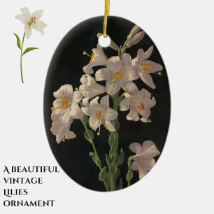 Ornamento De Cerâmica Linda Vintage White Lily Flowers em Preto