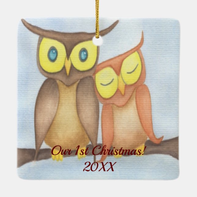 Ornamento De Cerâmica Linda Watercolor Owl Lovers (Verso)