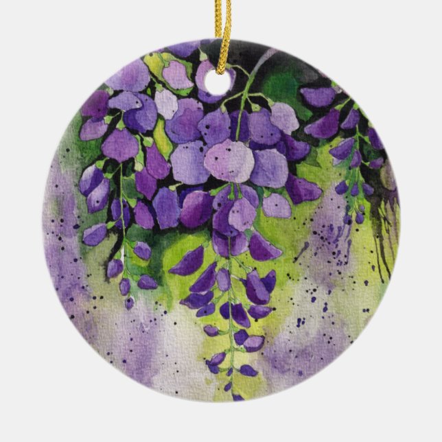 Ornamento De Cerâmica Lindas Flores De Wisteria Em Aquarela (Frente)