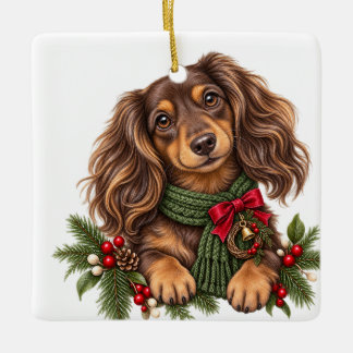 ORNAMENTO DE CERÂMICA LINDO ADORÁVEL NATAL CACHORRO DA RAÇA DACHSHUND DE