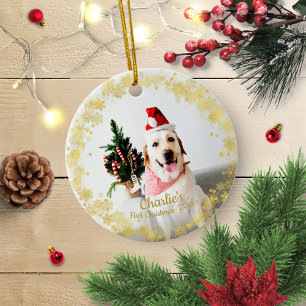Ornamento De Cerâmica Lindo Cachorro Filhote Primeiro Natal Simples Foto