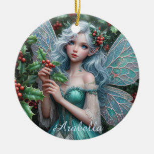 Ornamento De Cerâmica Lindo Fada de dezembro em Holly