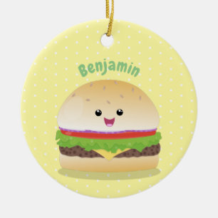 Ornamento De Cerâmica Lindo hambúrguer cartoon kawaii feliz