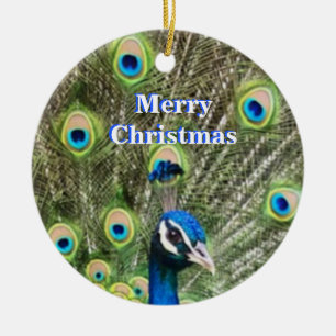 Ornamento De Cerâmica Lindo pavão azul de Natal e caligrafia