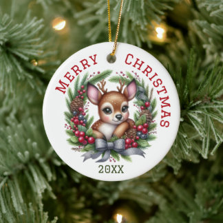 Ornamento De Cerâmica Lindo Veado de Natal Personalizado