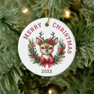 Ornamento De Cerâmica Lindo Veado de Natal Personalizado