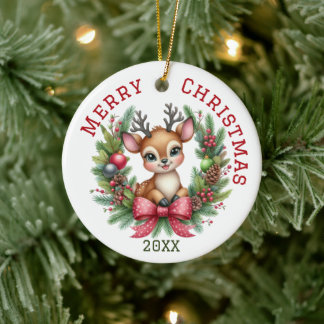 Ornamento De Cerâmica Lindo Veado de Natal Personalizado
