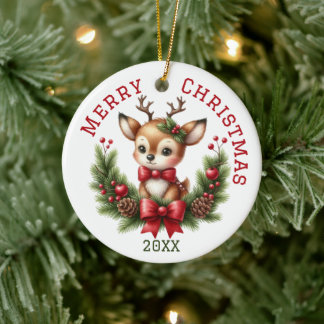 Ornamento De Cerâmica Lindo Veado de Natal Personalizado