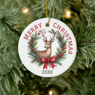 Ornamento De Cerâmica Lindo Veado de Natal Personalizado