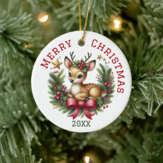 Ornamento De Cerâmica Lindo Veado de Natal Personalizado