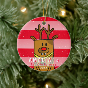 Ornamento De Cerâmica Lindo Veado Vermelho Rosa Primeiro Natal do Bebê