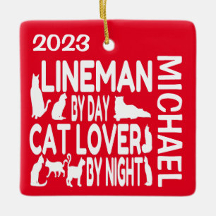 Ornamento De Cerâmica Lineman ama Cats PERSONALIZADO