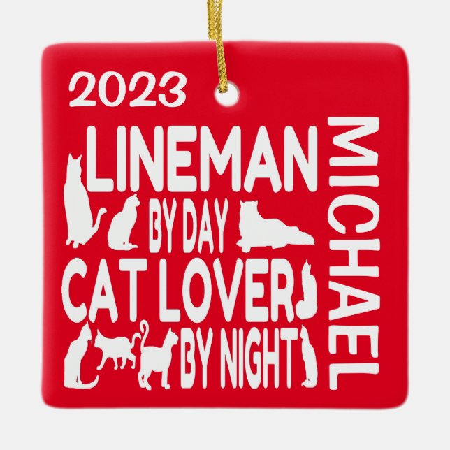 Ornamento De Cerâmica Lineman ama Cats PERSONALIZADO (Frente)