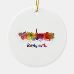 Ornamento De Cerâmica Linha do horizonte de Reiquiavique em aquarela