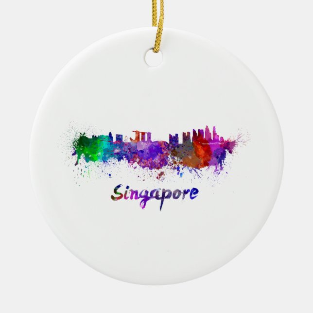 Ornamento De Cerâmica Linha do horizonte de Singapura em aquarela (Frente)