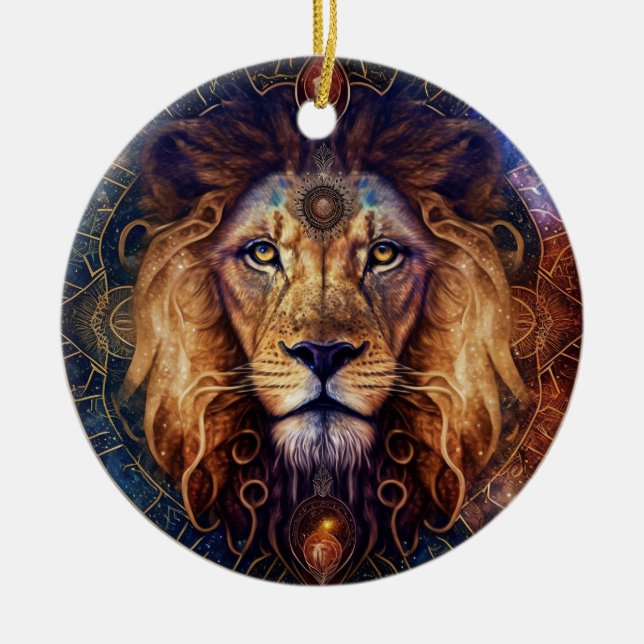 Ornamento De Cerâmica Lion Spirit Mandala Arte Visionária (Frente)