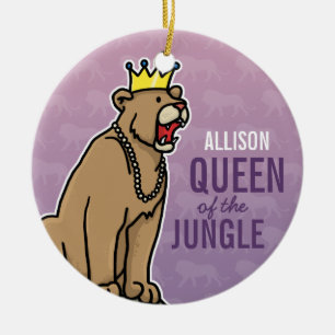 Ornamento De Cerâmica Lioness Queen of the Jungle, Add Name Purple