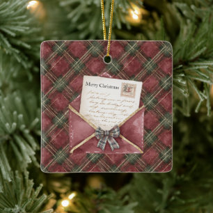 Ornamento De Cerâmica Listras de Xadrez Vermelho Verde Carta de Natal