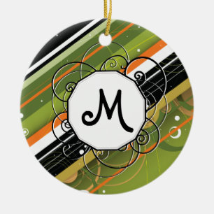 Ornamento De Cerâmica Listras Modernas de Oliva e Laranja com Monograma