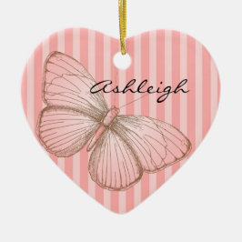 Ornamento De Cerâmica Listras Rosa com Borboleta
