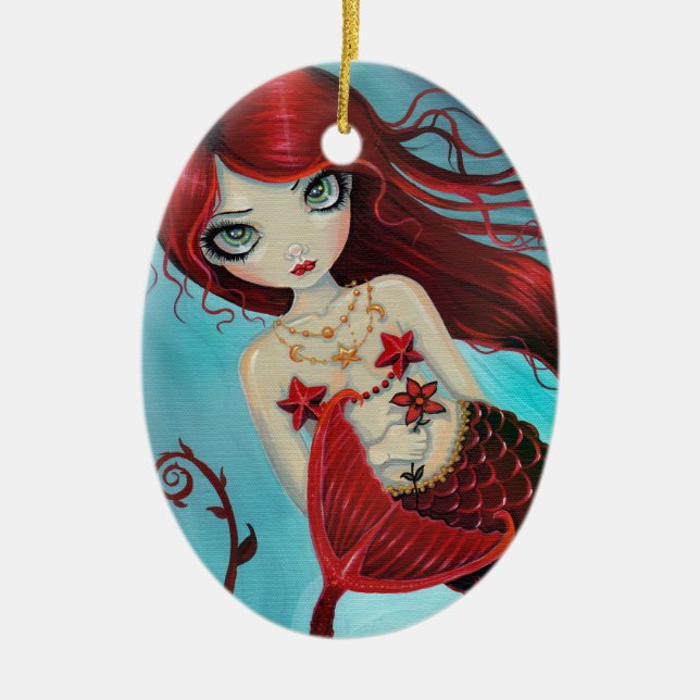 Ornamento De Cerâmica Little Ruby Red Smermaid Fantasy Art (Frente)