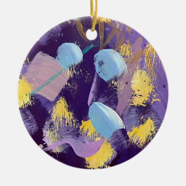 Ornamento De Cerâmica Lively blue, purple, and yellow abstract art (Frente)