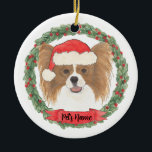 Ornamento De Cerâmica Livro Branco e Vermelho Personalizado<br><div class="desc">Faça a lista legal este ano com um ornamento personalizado do seu doce papillon vermelho e branco! Para os presentes mais doces,  emparelhe-o com um impressão de arte correspondente ou outro item da minha coleção!</div>