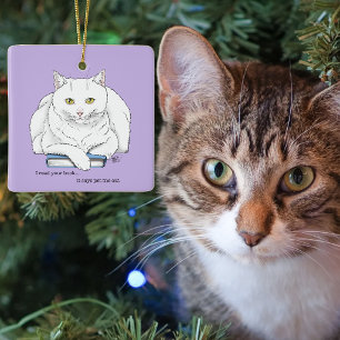 Ornamento De Cerâmica Livro de Gato Branco Engraçado Lendo Humor Roxo