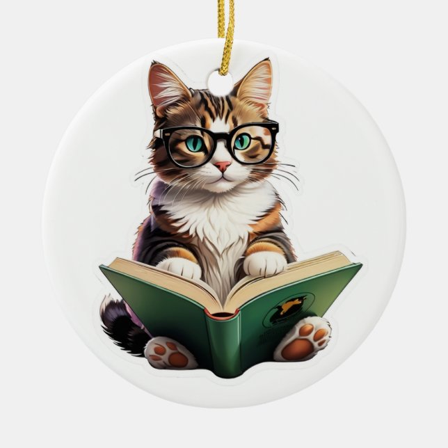 Ornamento De Cerâmica Livro de Leitura de Cat (Frente)