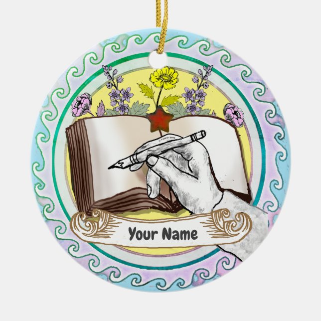 Ornamento De Cerâmica Livro Mão Flores (Frente)